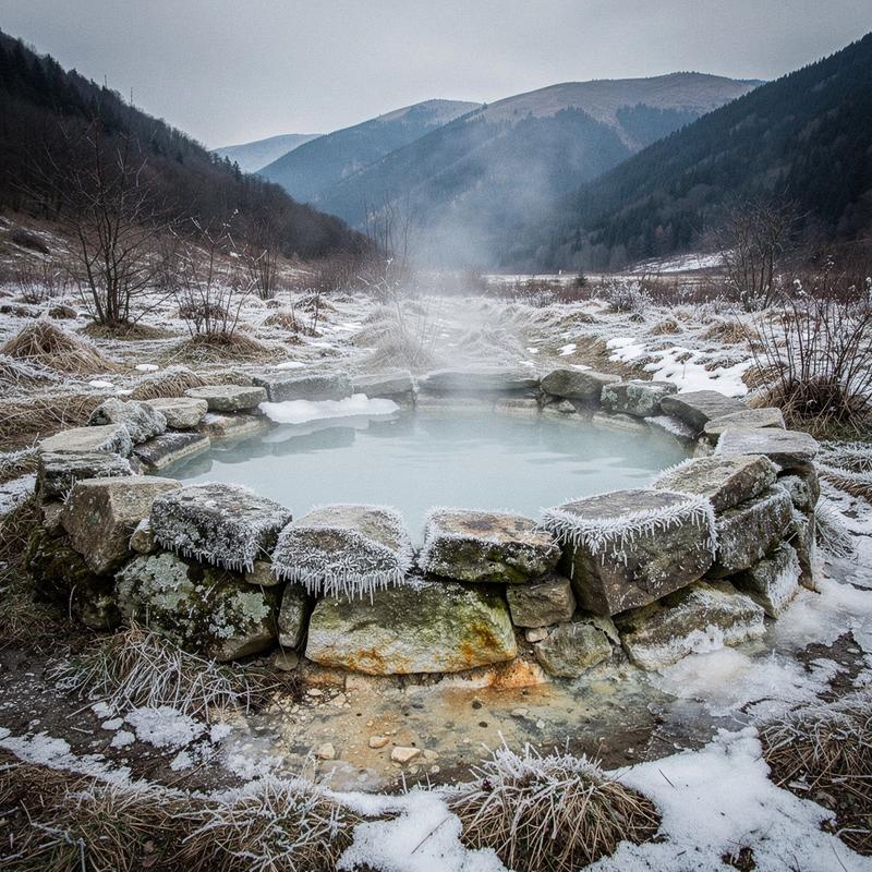 Frost on the stone rim of a mineral spring basin