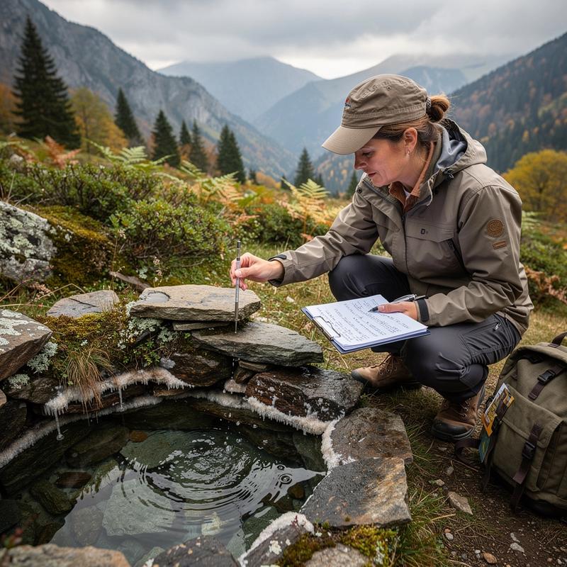 Hydrogeologist Oksana Hrytsenko logging temperature at a Carpathian mineral spring