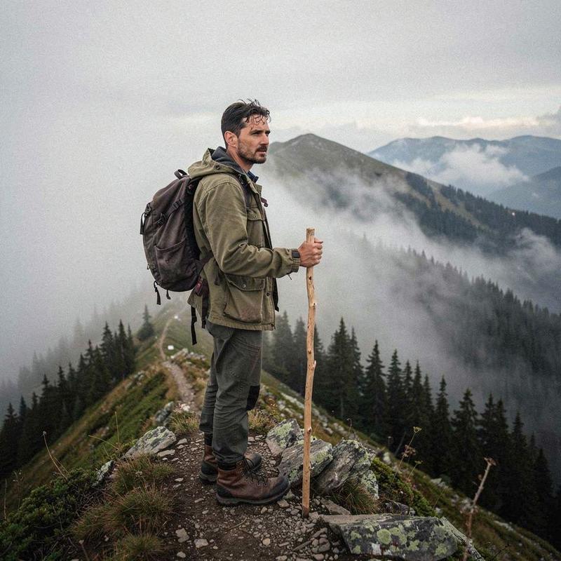 Certified mountain guide Taras Melnyk on a misty ridge trail in the Carpathians