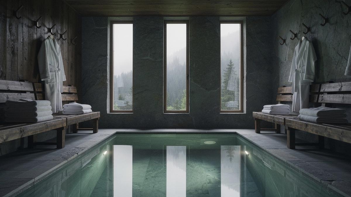 Timber benches and folded towels beside an indoor mineral pool at the Carpathian retreat lodge