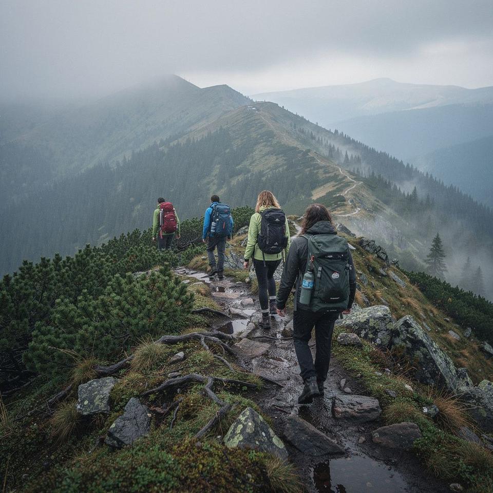 Guests walking a spruce ridge in low morning mist