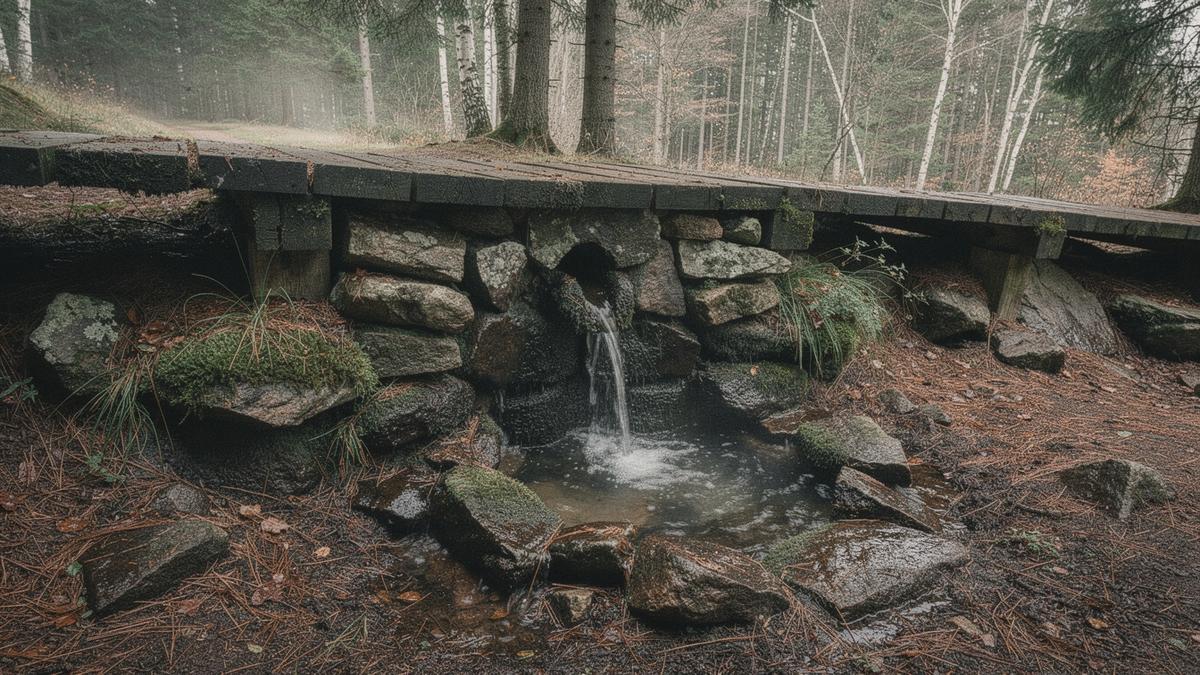 Stone mineral spring outlet with steam beside a wooden walkway