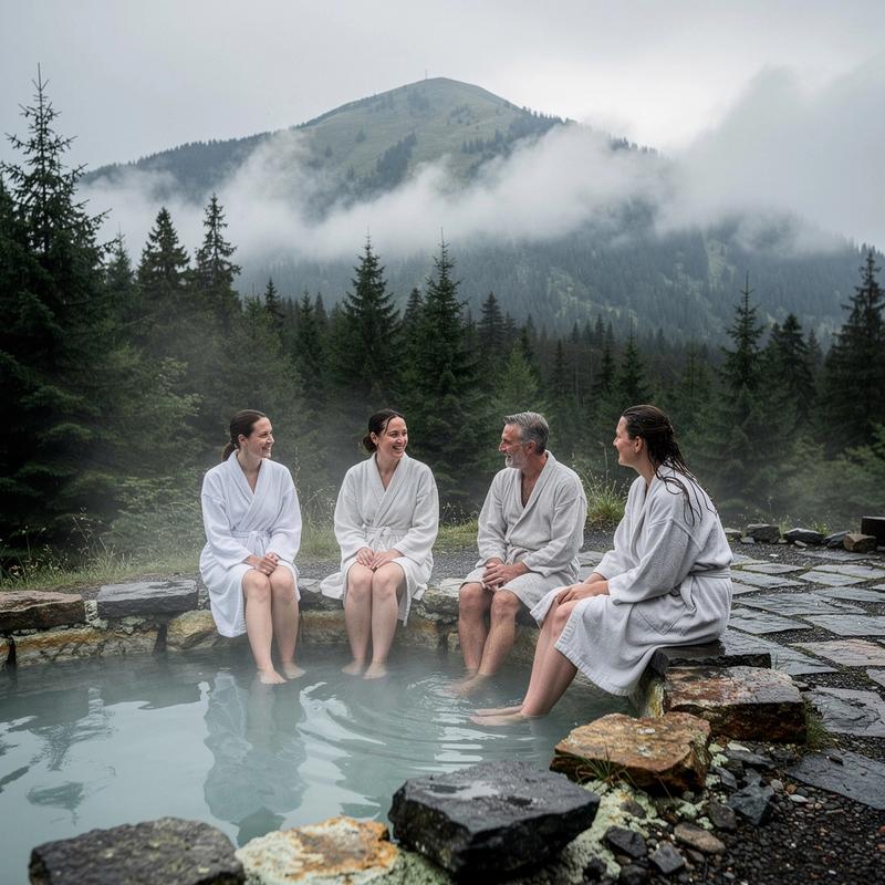 Guests seated on the stone rim of a mineral spring basin beneath misty Carpathian conifers